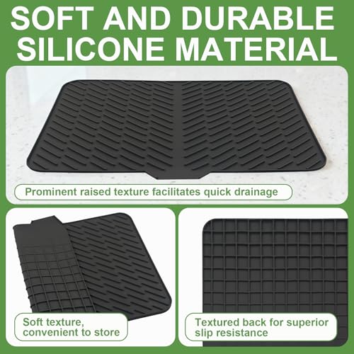 Silicone Drying Mat, 23"X17" With Built-in Drain Lip,Heat-Resistant,Eco-friendly,Hygienic Drying Pad,Leak-Proof and Non-Slip,Silicone Dish Drying Mat for Kitchen Counter or Sink（Black 23X17）