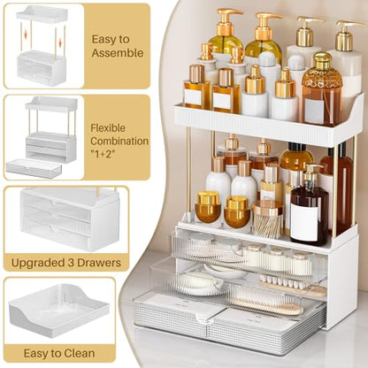3-Drawer 2-Tier Acrylic Makeup & Bathroom Vanity Organizer | Clear,3 smooth drawers, 2 open shelves, dustproof, wipe clean, for large skincare, perfumes, lipsticks, dresser, counter