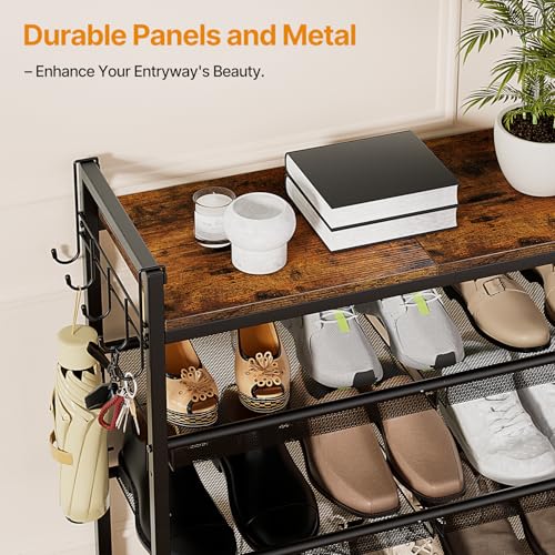 4 Tier Shoe Rack, Shoe Rack for Entryway with Hook, Shoe Organizer with Adjustable Mesh Shelves, Metal Shoe Storage, Closet, Bedroom Living Room Garage