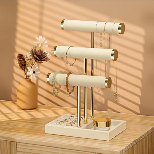 bussdis Jewelry Organizer Stand Display, 3 Tier Beige Velvet Bracelet Holder