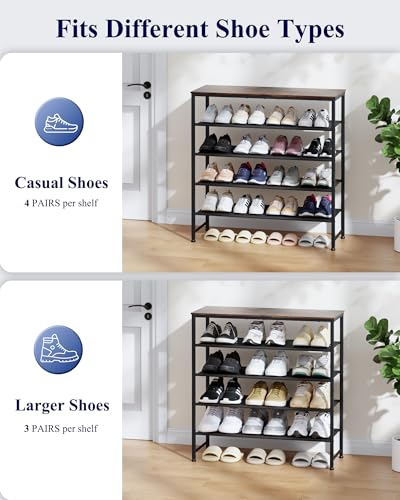 Kitsure 5-Tier Shoe Rack with Wooden Top, 29.5" x 11.4" x 31.1", Brown | Wooden Shoe Rack for Entryway, Closet, Metal Frame Shoe Storage for Closet, Space-Saving Shoe Rack Organizer with Table Top
