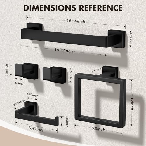 5-Pieces Matte Black Bathroom Accessories Set, 16 Inch Bath Towel Bar Set | Stainless Steel, Towel Ring, Toilet Paper Holder, Robe Hooks, Towel Racks for Bathroom Wall Mounted, Bathroom Hardware Set