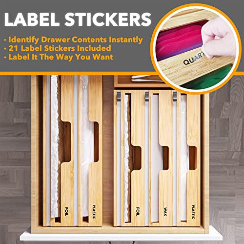 SpaceAid 2 in 1 Long Wrap Dispenser (Need 3" Deep Drawer) with Cutter, Plastic Wrap, Aluminum Foil Dispenser for Kitchen Drawer, Bamboo Roll Organizer Holder, Compatible with 15" Roll