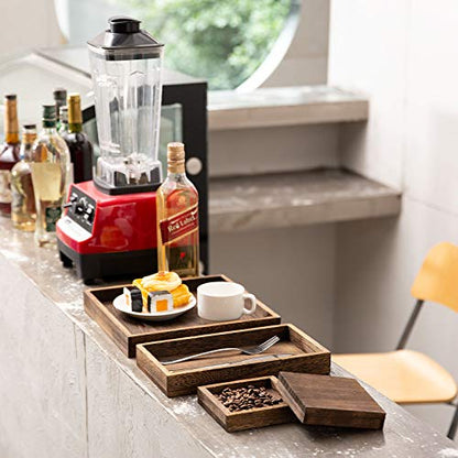 Rustic Wooden Serving Trays with Handle - Set of 7 Rectangular Platters for Entertaining, Breakfast, Coffee Table, Home Decor | 4 Sizes Tray-Snacks to Entrees,Decorative Serving Platter for Breakfast Bed,Lunch,Ottoman,Coffee Table,BBQ-Great for Lap&Sofa