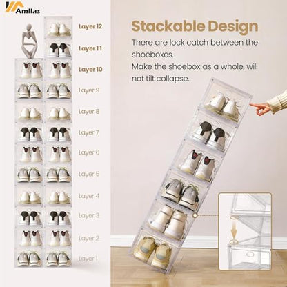 12 Pack Clear Shoe Storage, Stackable Shoe Organizer, Shoe Boxes for Closet | Plastic Shoe Containers with Magnetic Door, Sturdy Sneaker Storage Organizer, Shoe Cabinet Fit up to US Size 12