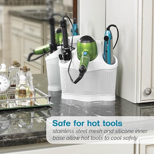 Polder Style Station, Tool Organizer for Hair Dryer, Curling Iron, and Straightener, Easy-to-Store Hair Styling Station, White and Silver