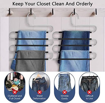 6 Pack Pant Hangers Space Saving,S-Type Non-Slip Stainless Steel Clothes Pants Hangers Closet Organizers and Storage, Closet Organizer Hanger Organizer for Scarf Jeans Trousers Towels Leggings