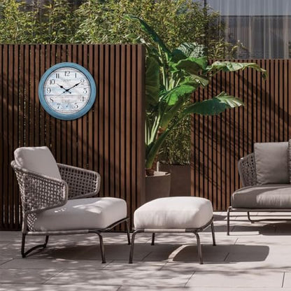 16 Inch Waterproof Indoor Outdoor Wall Clock with Thermometer | Silent non-ticking battery movement, large easy-read blue dial for patio, pool, porch, garden, garage, and home decor