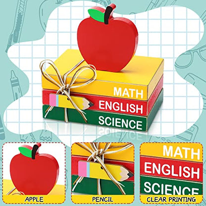 4 Pcs Back to School Table Decoration Wooden Apple Decorative Trays | Apple Prop with Pencil Stacks Books Centerpiece First Day of School Gifts Desktop for Teachers Office Classroom Decor