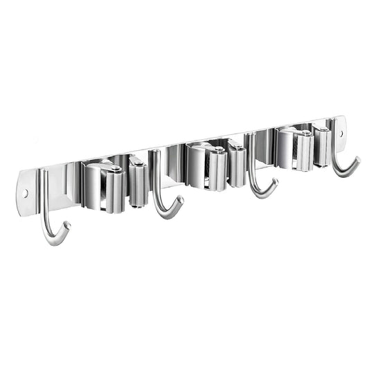 Mop and Broom Hanger Wall Mount, stainless steel Broom Hook Organizer Wall Mounted, Heavy Duty Mop Holder Storage Rack - 3 Racks 4 Hooks for hanging brooms and mops