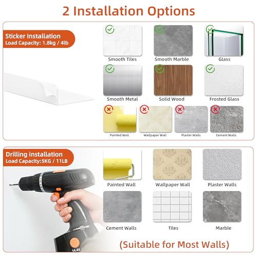 Adhesive Small Wall Shelf 2 Pack, Metal Floating Shelves, 9x4.9 | Rust-proof Aluminum, Piano White Finish, Cable Hole, No Drill，Display Ledges for Living Room Gaming Room Bedroom Bathroom