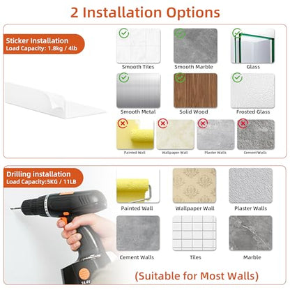 Adhesive Small Wall Shelf 2 Pack, Metal Floating Shelves, 9x4.9 | Rust-proof Aluminum, Piano White Finish, Cable Hole, No Drill，Display Ledges for Living Room Gaming Room Bedroom Bathroom