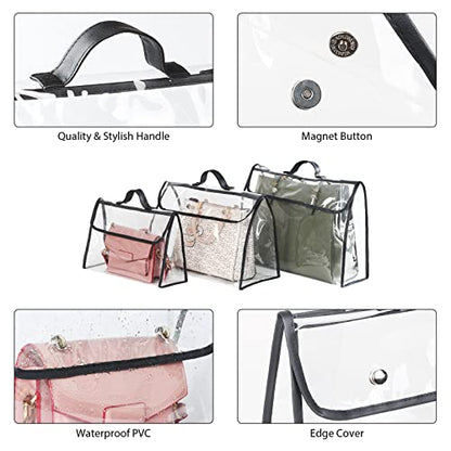 Univivi 6 Pack Handbag Dust Bags, Clear PVC With Black Edge, 3 Sizes | 0.3mm Clear PVC Material, Magnetic Button, Leather Handle, Clear Purse, Purse Organizer, for Handbag Closet Storage