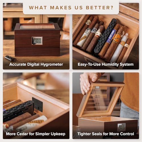 CASE ELEGANCE Renzo Glass Top Cigar Humidor with Cedar - Brown | Easy humidification system, accurate digital hygrometer