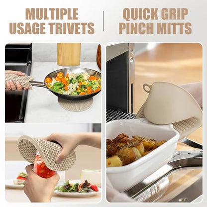 RORECAY Silicone Oven Mitts and Pot Holders Sets, Gloves for Kitchen, Beige | Set of 6 Kitchen Mitts for Baking & Cooking, Heat Resistant 500 ℉, 15" Extra Long, Non-Slip & Waterproof, Quilted Cotton