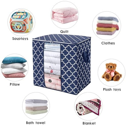 WISELIFE Storage Bags 3 Pack/100L Large Blanket Clothes Organization and Storage Containers for Comforters,Bedding, Foldable Organizer with Reinforced Handle, Clear Window, Sturdy Zippers,Blue