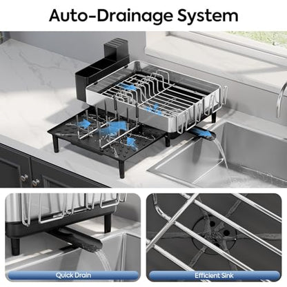 Urackify Expandable Dish Drying Rack, Stainless Steel, Large Capacity | Multifunctional Drainboard for Kitchen Countertop, Removable Cutlery Tray, Foldable Cup Holder, 20.4"L x 20"W, Silver
