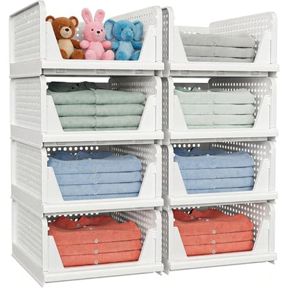 4 Pack Stackable Closet Storage Basket - Stackable Storage Bins | Multifunctional & Foldable Closet Organizer Waterproof, Wardrobe Cupboard Space-Saving Storage Drawer Organizer