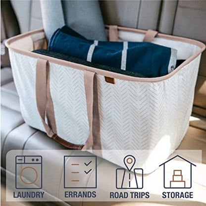 Collapsible Fabric Laundry Basket Tote Premium, Herringbone, 2 Pack | Bring a Polished Look to Laundry Day | Cotton-Blend Fabric and Vegan Leather Pair with Long Handles and 55 lb Support