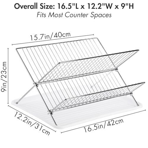 Foldable Dish Drying Rack with Drip Tray, Stainless Steel 2 Tier Dish Drainer Rack, Collapsible Dish Drainer, Folding Dish Rack for Kitchen Sink, Countertop, Cutlery, Plates, Dishes