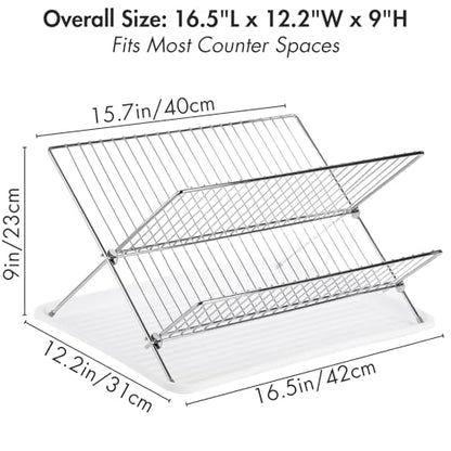 Foldable Dish Drying Rack with Drip Tray, Stainless Steel 2 Tier Dish Drainer Rack, Collapsible Dish Drainer, Folding Dish Rack for Kitchen Sink, Countertop, Cutlery, Plates, Dishes