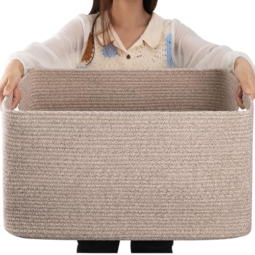OIAHOMY 75L Large Blanket Basket, 22”x17”x12” Woven Cotton Rope Storage Basket with Handle for Organizing Blanket and Toys for Living Room, Nursery, Brown Variegated