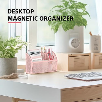 DALTACK 3-Grid Magnetic Pencil Holder, Strong Magnet Locker Organizer, Pink | Mesh Magnetic Shelf, Marker Holder Perfect for Whiteboard, Refrigerator and Locker Accessories