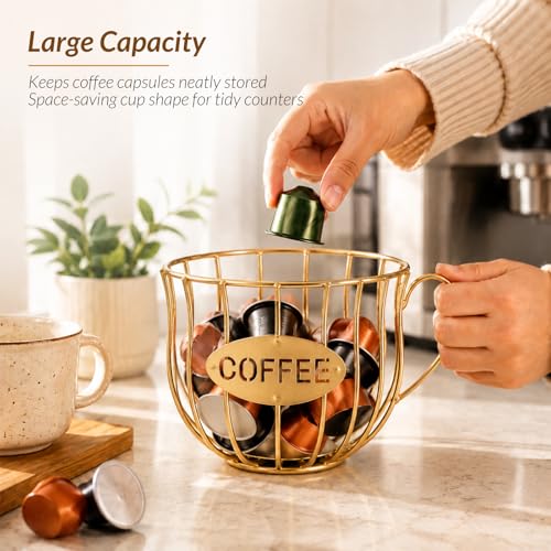 Coffee Pod Holder with Handle,Large Capacity Coffee Capsule Basket Cup Holder,Sturdy Iron Coffee Pod Organizer,Versatile Pods Storage Basket for Home Kitchen Bar Counter Office Desktop (Black)