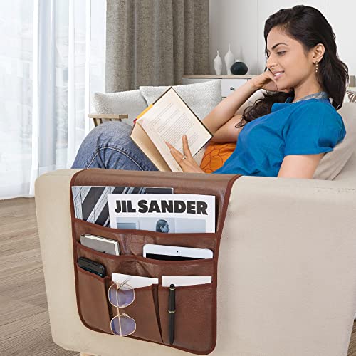 Teniux Remote Control Holder GRS Certified Armrest Organizer with 6 Pockets for recliner couch sofa, Recycled Material Armchair Caddy for Smart Phone, Book, Magazines, Ipad(Brown)