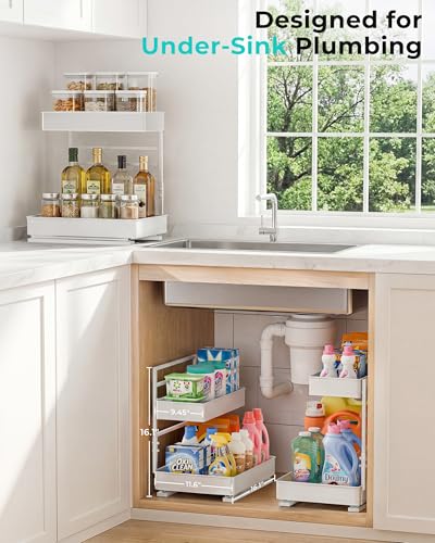 EVERIE Height Adjustable 2 Tier Metal Pull Out Slide Shelf Organizer for Framed or Frameless Under Sink Cabinets in Kitchen, Bathroom, with Snap-on Top Tray (White, 2 Sets)