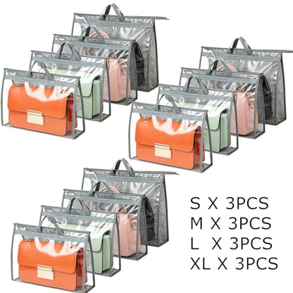12 Packs Dust Bags for Handbag, Clear Purse Storage Organizer Bag for Closet with Zipper and Handle, 4 Size Hanging Dust Cover Bag for Purse Crafts Protector