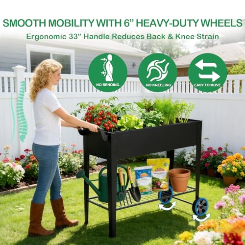 2-Pack 32" Tall Elevated Raised Garden Bed with Wheels and Shelf | Rolling raised garden planter, heavy-duty anti-rust steel, 400 lbs, storage, drainage, for herbs, flowers, patio, balcony