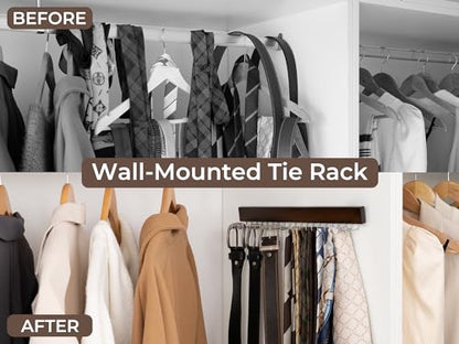 StorageWorks Tie Rack with 20 Hooks, 2 Set Wall Mounted Wood Hanger, Walunt