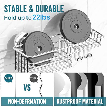 TAILI Shower Caddy Suction Cup with Hooks & Soap Holder, Silver | Heavy Duty Shower Organizers, Removable Bathroom Shelves for Inside,Stainless Steel Bathroom Holder
