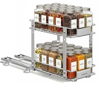 SONGMICS 2 Tier Pull Out Spice Rack for inside Cabinets, Steel | Spice Organizer, Slide Out Cabinet Organizer, for Kitchen Cabinet Storage, Silver UKCS117E101