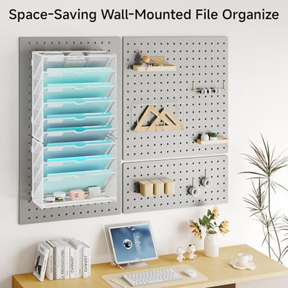Lavatino 10-Tier Hanging Wall File Folders Organizer - White Metal Mesh Paper Magazine Document Mail Holder File Organizer for Office School Home Wall Mount or Desk Supplies Organization