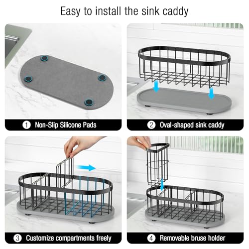 Sponge Holder for Kitchen Sink with High Brush Holder, [Stay-Dry Anywhere & No Drainage Needed] Rustproof Stainless Steel Kitchen Sink Caddy Organizer with Water Absorbing Stone Tray, Black