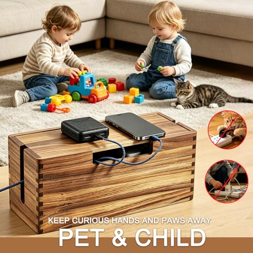Acacia Wood Cable Management Box, Wooden Cord Hider Organizer for Power Strip, Electrical Hiding, TV Wires, Desk & Floor Cables, Under Desk Cable Organizer for Home Office