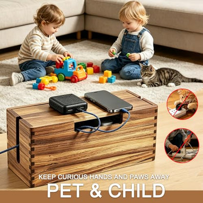 Acacia Wood Cable Management Box, Wooden Cord Hider Organizer for Power Strip, Electrical Hiding, TV Wires, Desk & Floor Cables, Under Desk Cable Organizer for Home Office