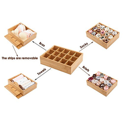 GOBAM Bamboo Closet Drawer Divider - Storage Organizer with 15 Compartments, Drawer Organizer, Storage Box for Belts, Ties, Bras, Briefs, Socks & Jewelry - Natural