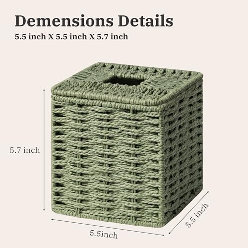 Sage Green Tissue Box Cover, Paper Rope Hand Woven Square Tissue Box Holder for Home Decor, Bathroom Countertop, Office, Bedside Table