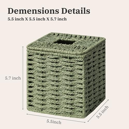 Sage Green Tissue Box Cover, Paper Rope Hand Woven Square Tissue Box Holder for Home Decor, Bathroom Countertop, Office, Bedside Table