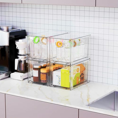 4 Pack Large Stackable Storage Drawers,Clear Acrylic Drawer Organizers and Baby Bottle Organizer for Countertop,Cabinet,Bathroom,Pantry,Office Closet Organizers and Brightroom Storage Bins