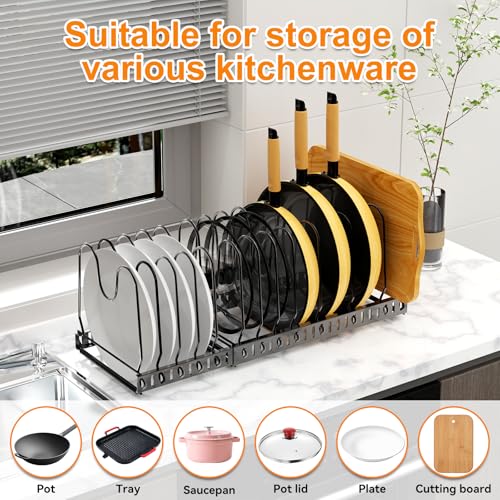 Pot and Pan Organizer Rack for Cabinet, 3 Expandable Pot Lid Organizer Holder with 12 Adjustable Compartment for Kitchen Cutting Board, Pan Lid, Cabinet Cookware Baking