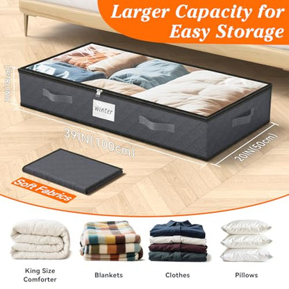 90L Under Bed Storage Containers, Storage Bags, Organizers, 2-Pack, Gray | Foldable, Soft Fabric, Closet Organizers, Reinforced Handle, Label Holder, Clear Window, for Comforters, Clothing, Blankets