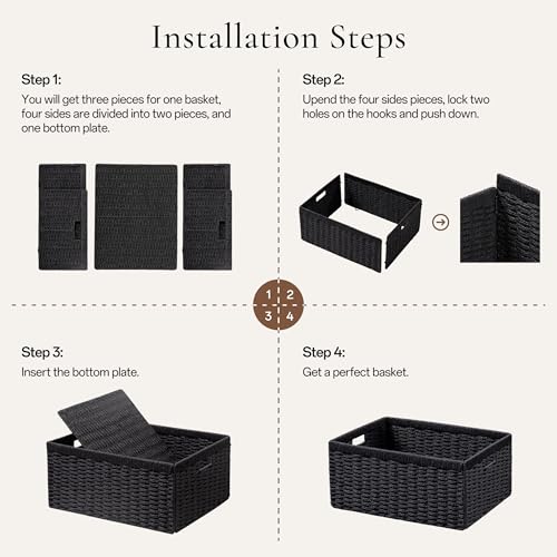 UBBCARE 2 Pack Wicker Basket, 13.4L×8.3H×7.1W inch Woven Paper Rope Storage Baskets for Shelves, Foldable Rectangular Storage Baskets with Handle, Storage Basket for Organizing, Black