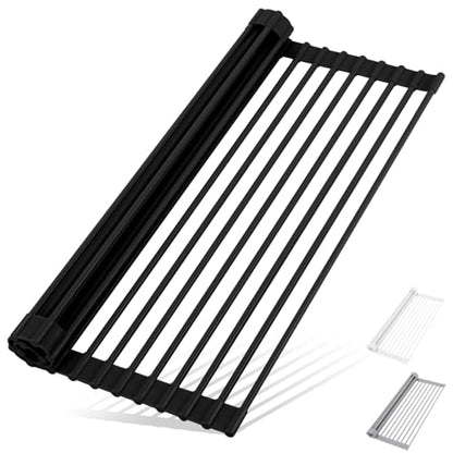 Roll Up Dish Drying Rack Over The Sink Kitchen Roll Up Sink Drying Rack Multipurpose Foldable Sink Drying Mat, Heat-Resistant, Anti-Slip & Anti-Rust Dish Rack for Kitchen, 17" x 13", Black