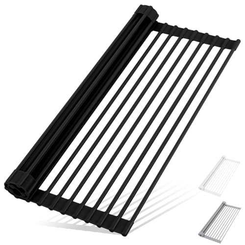 Roll Up Dish Drying Rack Over The Sink Kitchen Roll Up Sink Drying Rack Multipurpose Foldable Sink Drying Mat, Heat-Resistant, Anti-Slip & Anti-Rust Dish Rack for Kitchen, 17" x 13", Black
