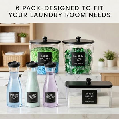 Laundry Room Organization Set, 3 Containers, 3 Dispensers, Black | 3 liquid laundry detergent dispensers, 2 laundry pods containers, 1 dryer sheet holder, with wood lids, labels and scoops