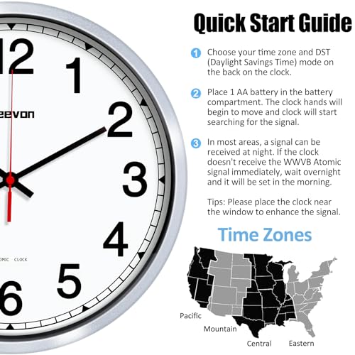 Geevon 12 Inch Atomic Wall Clock - Self-Setting Analog Clock with Automatic Time Sync - Battery Operated for Home Office School - Silver Frame